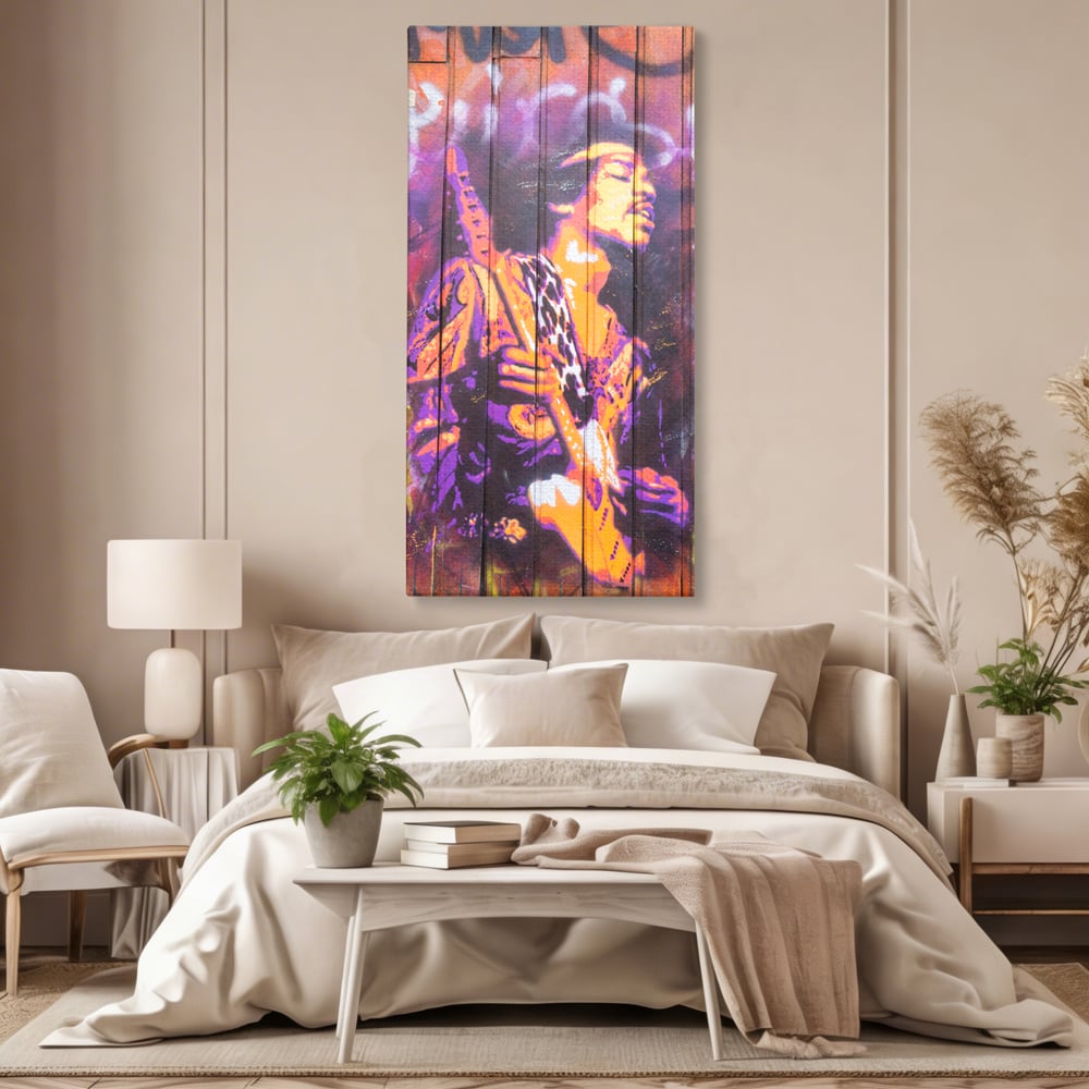 Tablou canvas cu tablou canvas cu jimi hendrix cantand la chitara, fara rama, pe sasiu de lemn, pe perete intr-un dormitor